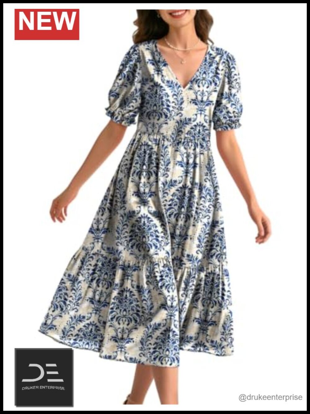 Blue and White Printed V-Neck Puff Sleeve Midi Dress